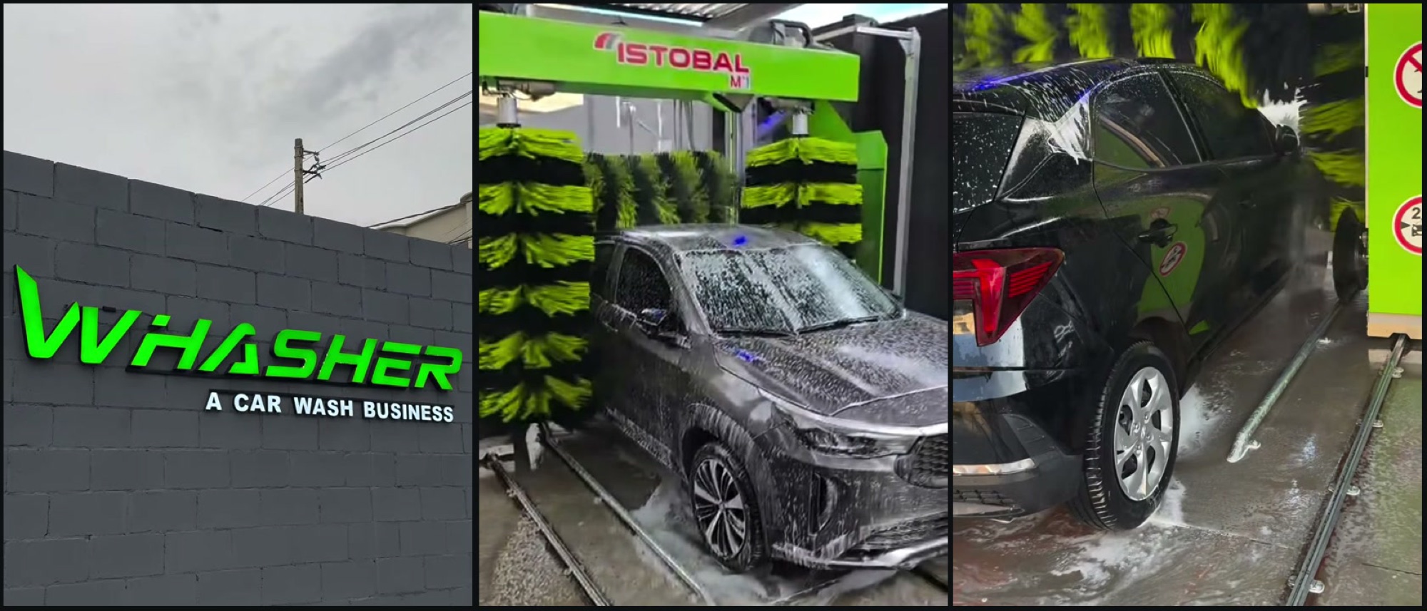 Fachada do Whasher com a logo verde, SUV no túnel de lavagem Istobal e carro preto passando pelas escovas